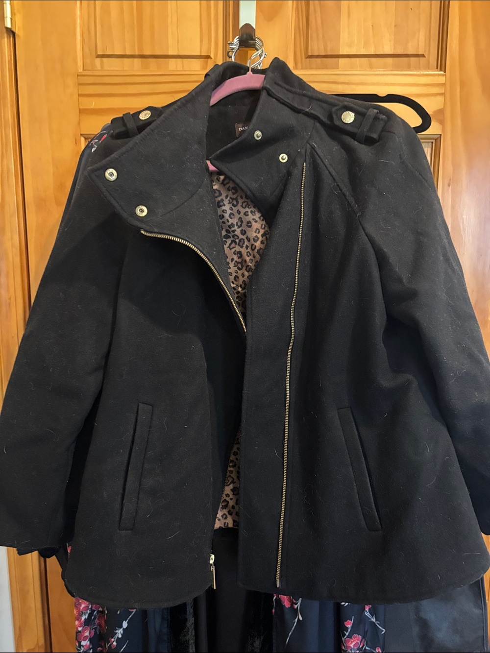Dana Buchman Black Wool-Blend Pea Coat with Gold Hardware